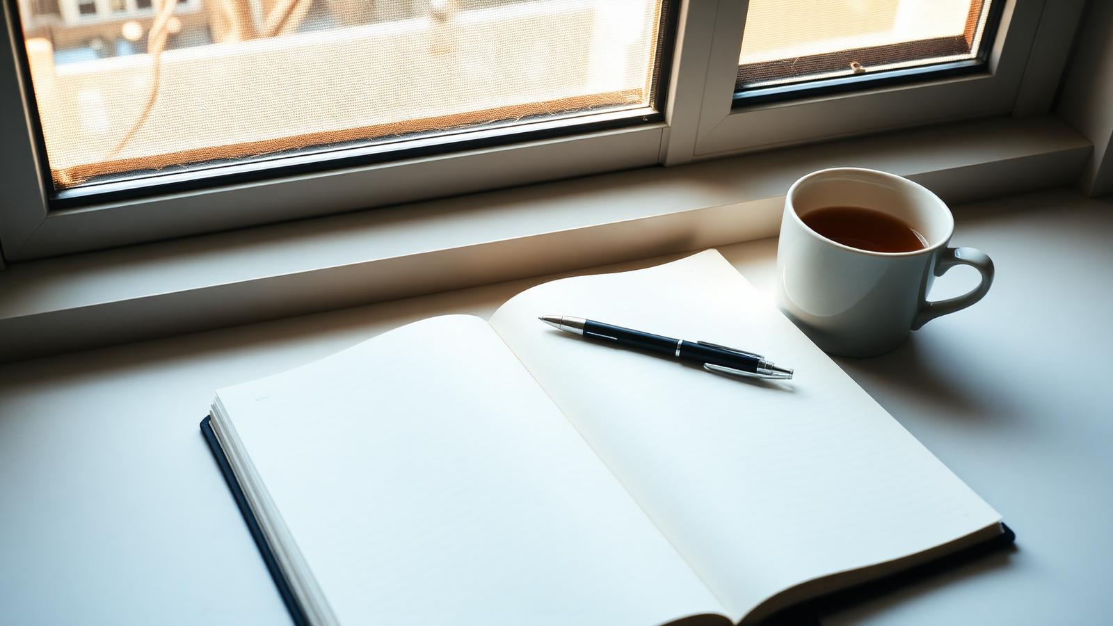 Notebook and tea by a sunlit window